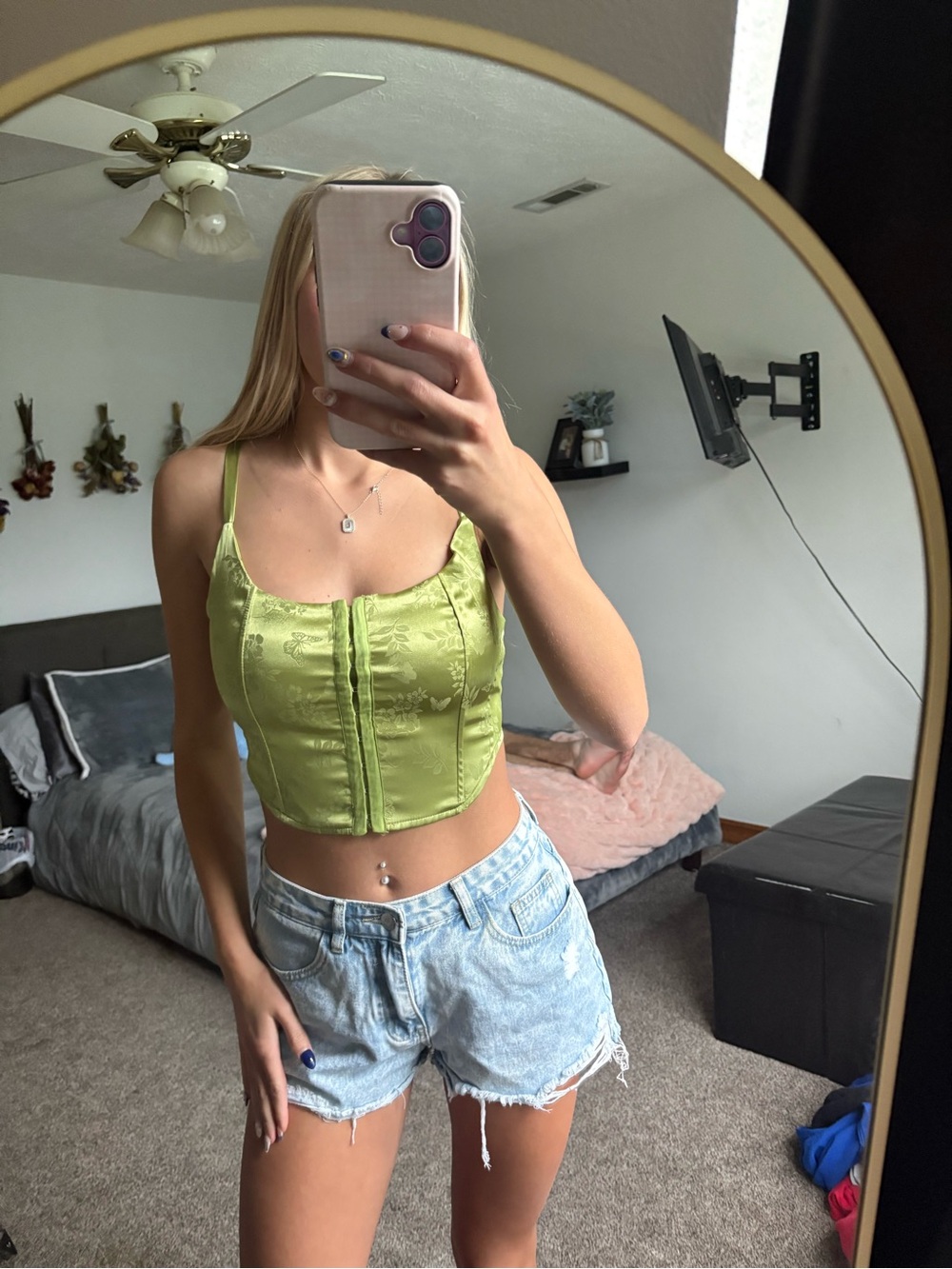 La Hearts Lime Satin Lace-Detail Corset Crop Top